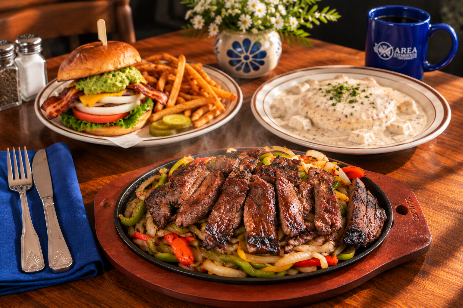 Fajitas, green chile burger, and breakfast bowl served at AREA 505 in Santa Fe