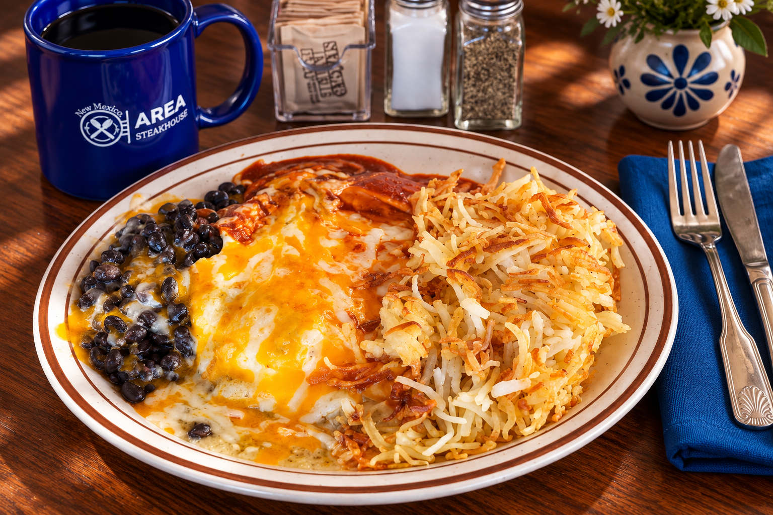 Huevos rancheros smothered in red chile with hash browns and black beans, beside an AREA 505 mug