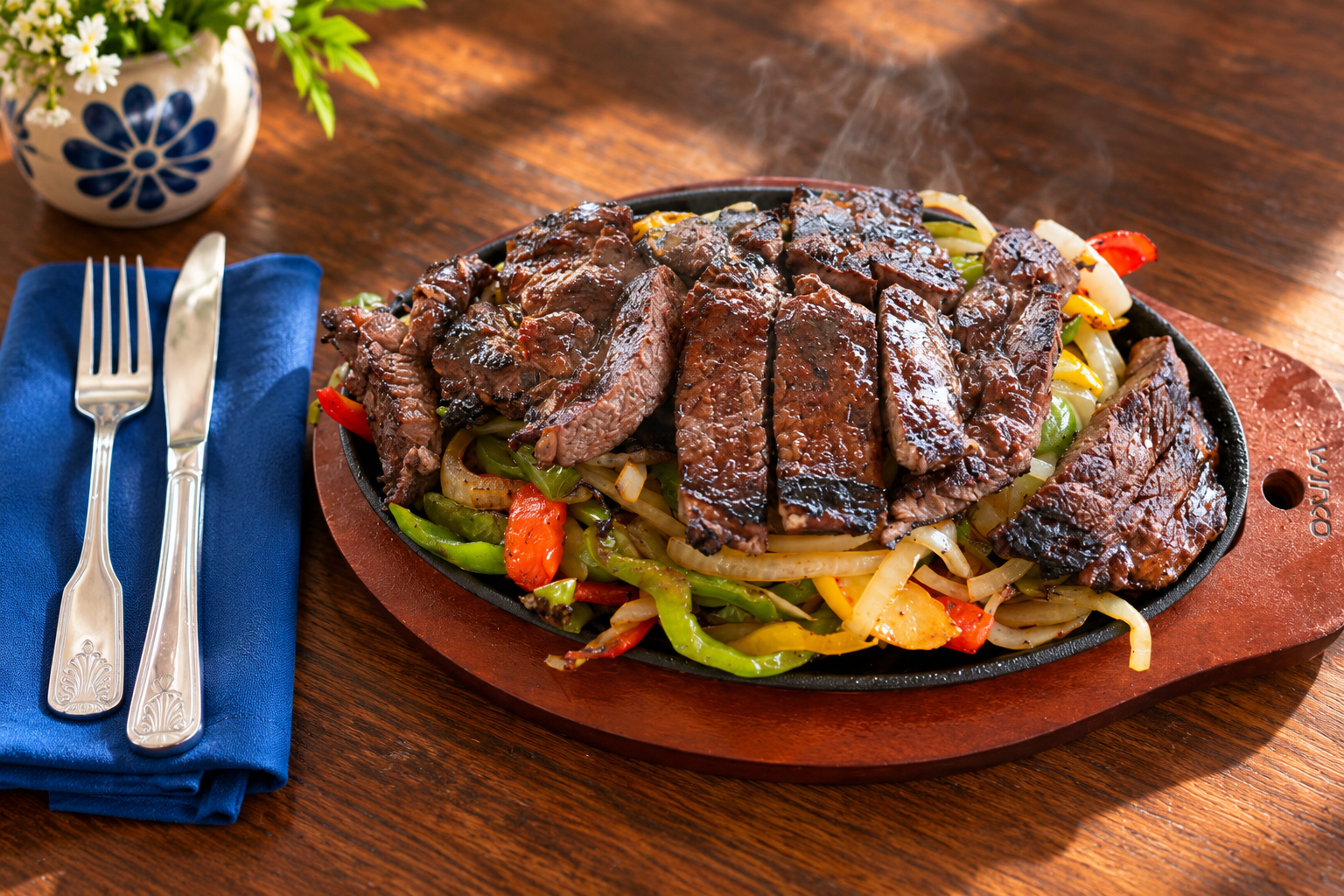 Sizzling steak fajitas with grilled peppers and onions at AREA 505 in Santa Fe
